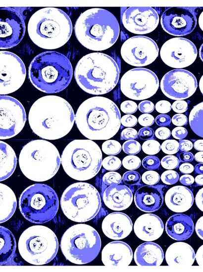 Manufakturen-Blog-PopArt-Projekt: Teller XVII (Fahnen), "Delfter Blau" (Foto: Wigmar Bressel) aus der Serie 'Spiegelungen' - Collage, basierend auf einem Foto von Kathrin Ritzi-Schaufelberger von Tellern des eidgenössischen Ritziporzellan aus Kradolf