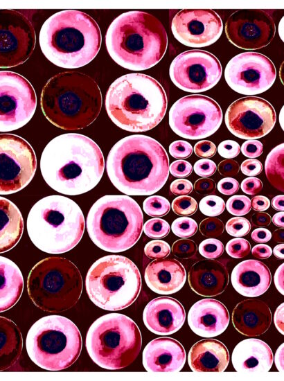 Manufakturen-Blog-PopArt-Projekt: Teller XVII (Fahnen), bordeaux / rosa (Foto: Wigmar Bressel) aus der Serie 'Spiegelungen' - Collage, basierend auf einem Foto von Kathrin Ritzi-Schaufelberger von Tellern des eidgenössischen Ritziporzellan aus Kradolf