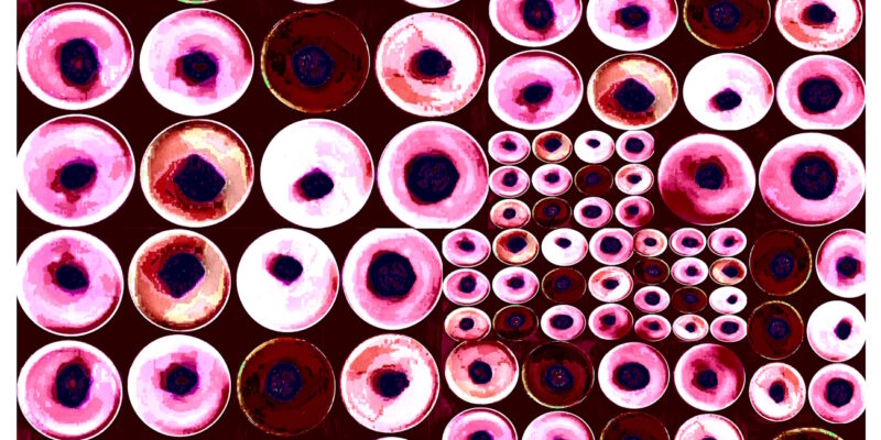 Manufakturen-Blog-PopArt-Projekt: Teller XVII (Fahnen), bordeaux / rosa (Foto: Wigmar Bressel) aus der Serie 'Spiegelungen' - Collage, basierend auf einem Foto von Kathrin Ritzi-Schaufelberger von Tellern des eidgenössischen Ritziporzellan aus Kradolf