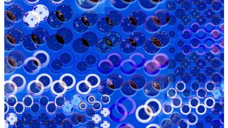 Manufakturen-Blog-PopArt-Projekt: Teller XVIII, blau / weiß / bordeaux (Foto: Wigmar Bressel) aus der Serie 'Spiegelungen' nocheinmal "auf Links gedreht" - Collage, basierend auf einem Foto bei Weimar-Porzellan, der Porzellanmanufaktur in Blankenhain; es handelt sich um Teller an einer Wand mit historischen Dekoren aus mehr als 200 Jahren der langen Firmengeschichte (1790 - 2018)...