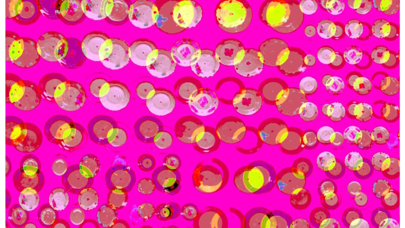 Manufakturen-Blog-PopArt-Projekt: Teller XV, pink / gelb / weiß (Foto: Wigmar Bressel) aus der Serie 'Spiegelungen' - Collage, basierend auf einem Foto bei Weimar-Porzellan, der Porzellanmanufaktur in Blankenhain; es handelt sich um Teller an einer Wand mit historischen Dekoren aus mehr als 200 Jahren der langen Firmengeschichte (1790 - 2018)...